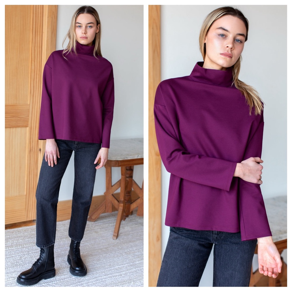 Emerson Fry Edie Top Merlot Ponte Boxy Structured Mock Turtleneck Back Zip